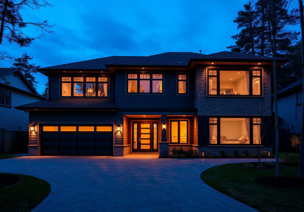 Modern renovated home exterior at dusk